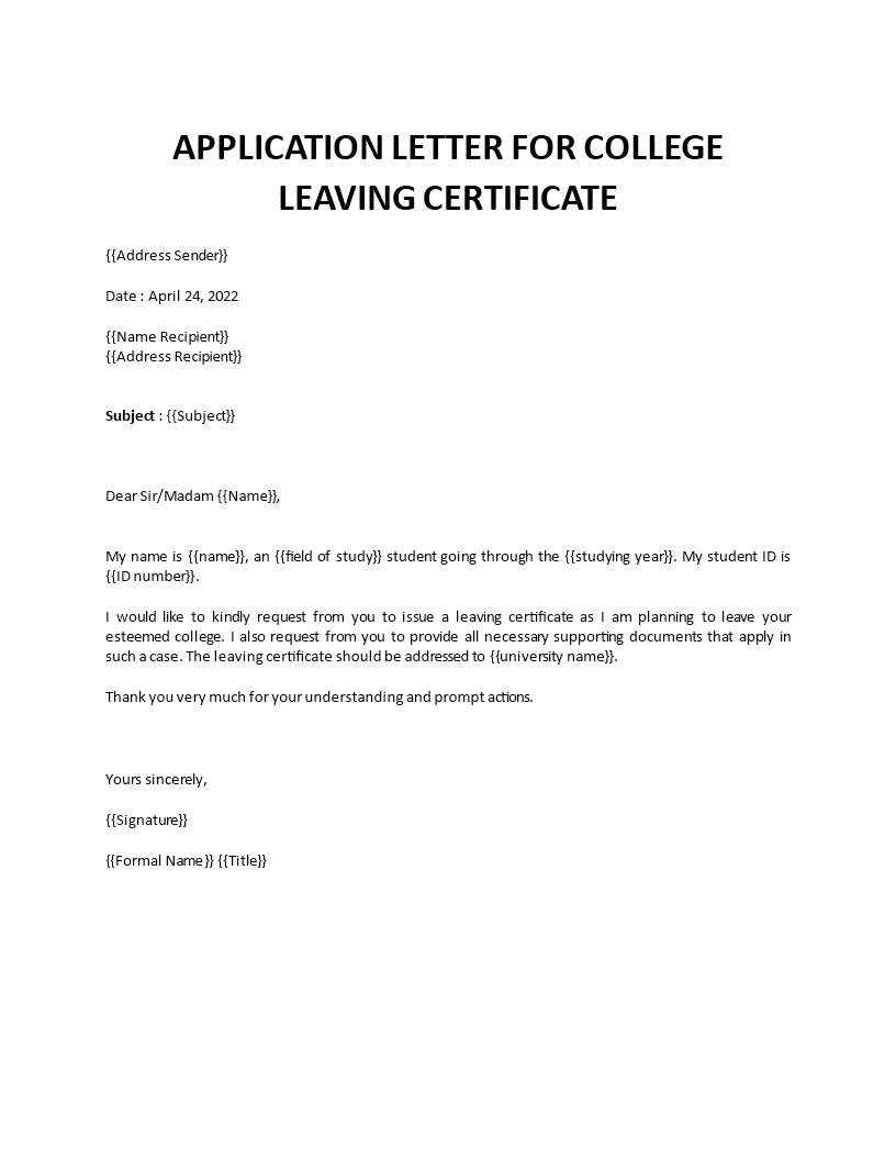 application letter for college leaving certificate