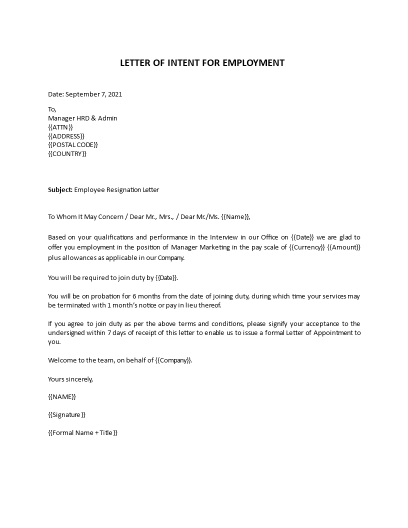 letter of intent for employment