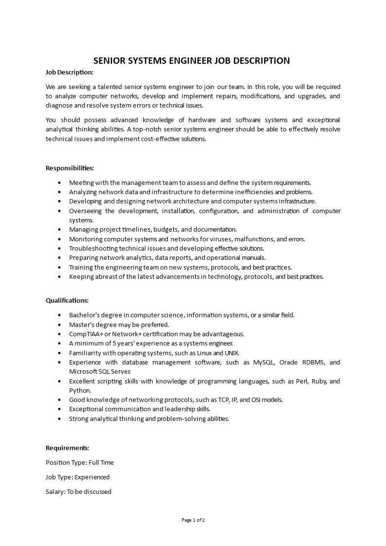 senior systems engineer job description Main Image senior systems engineer job description template