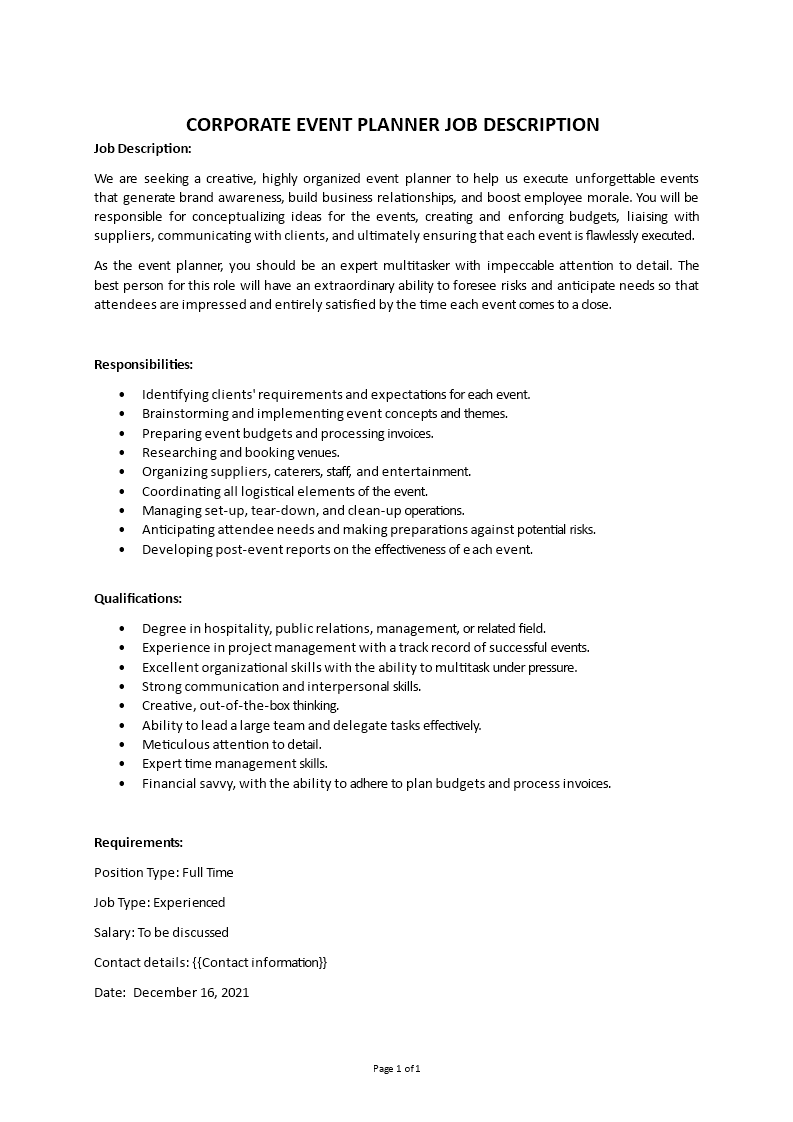 corporate event planner job description Main Image corporate event planner job description