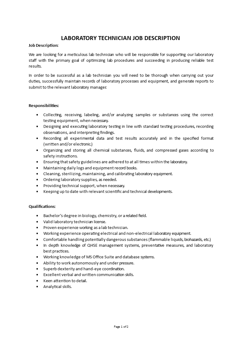 laboratory technician job description template