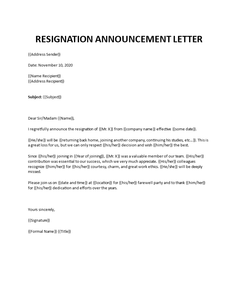 resignation announcement letter template