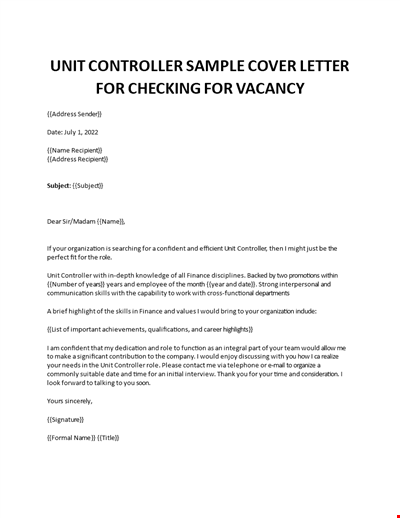 Unit Controller cover letter