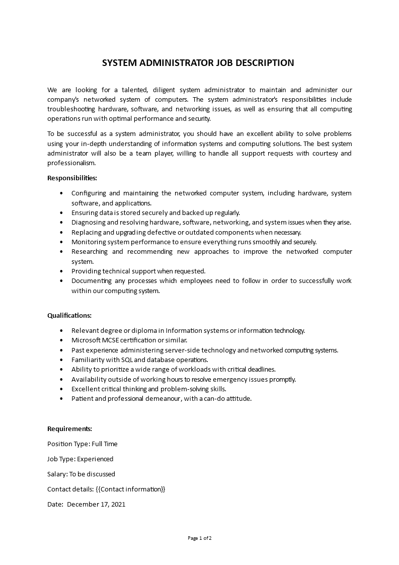 systems administrator job description
