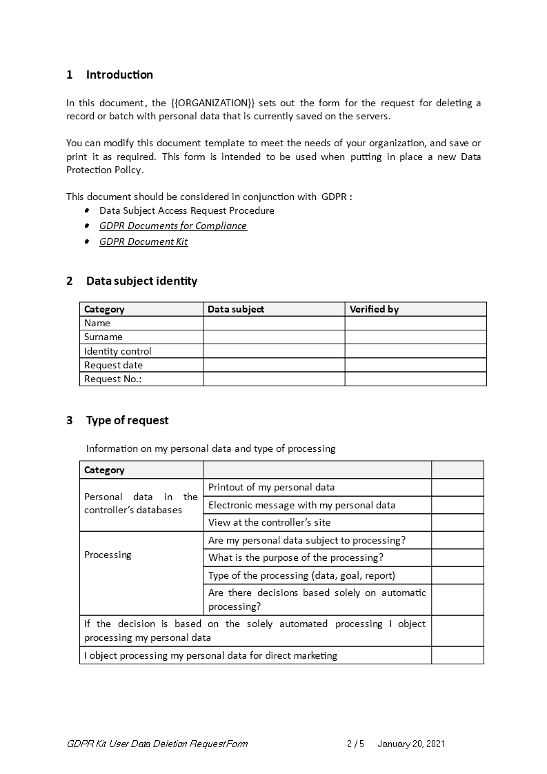 user data deletion request form template