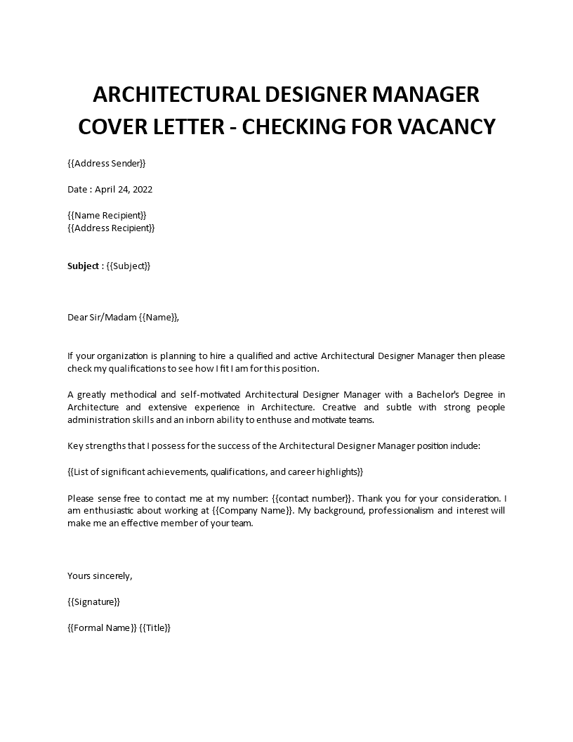 architectural designer manager cover letter