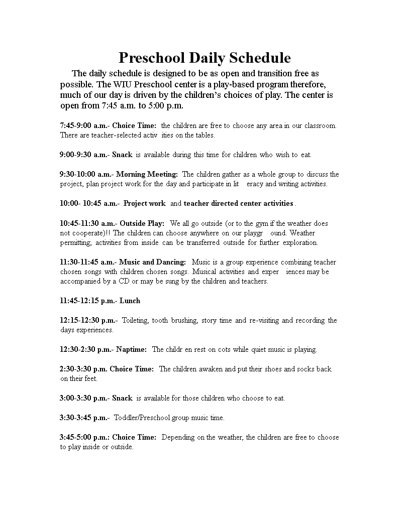 Preschool Daily Schedule