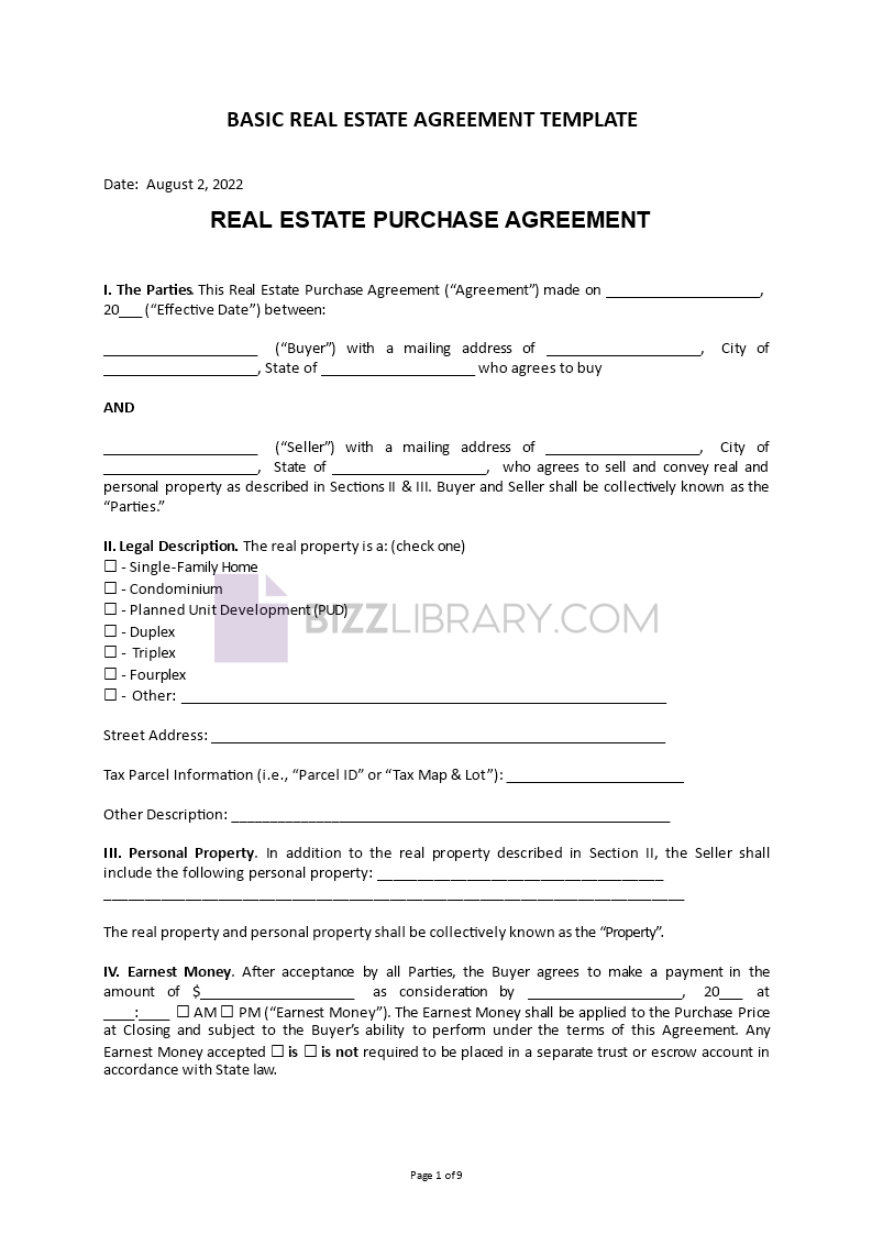 basic real estate agreement template