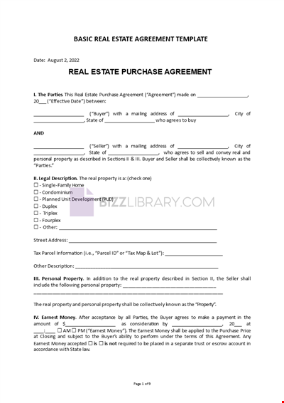 Basic Real Estate Agreement Template