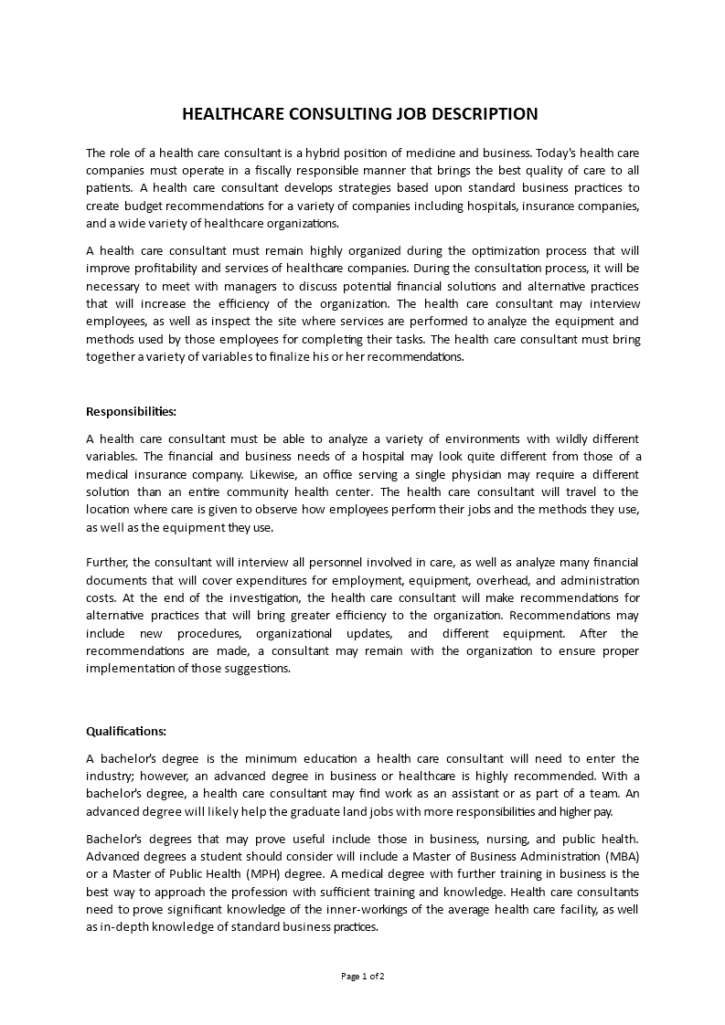 healthcare consulting job description template