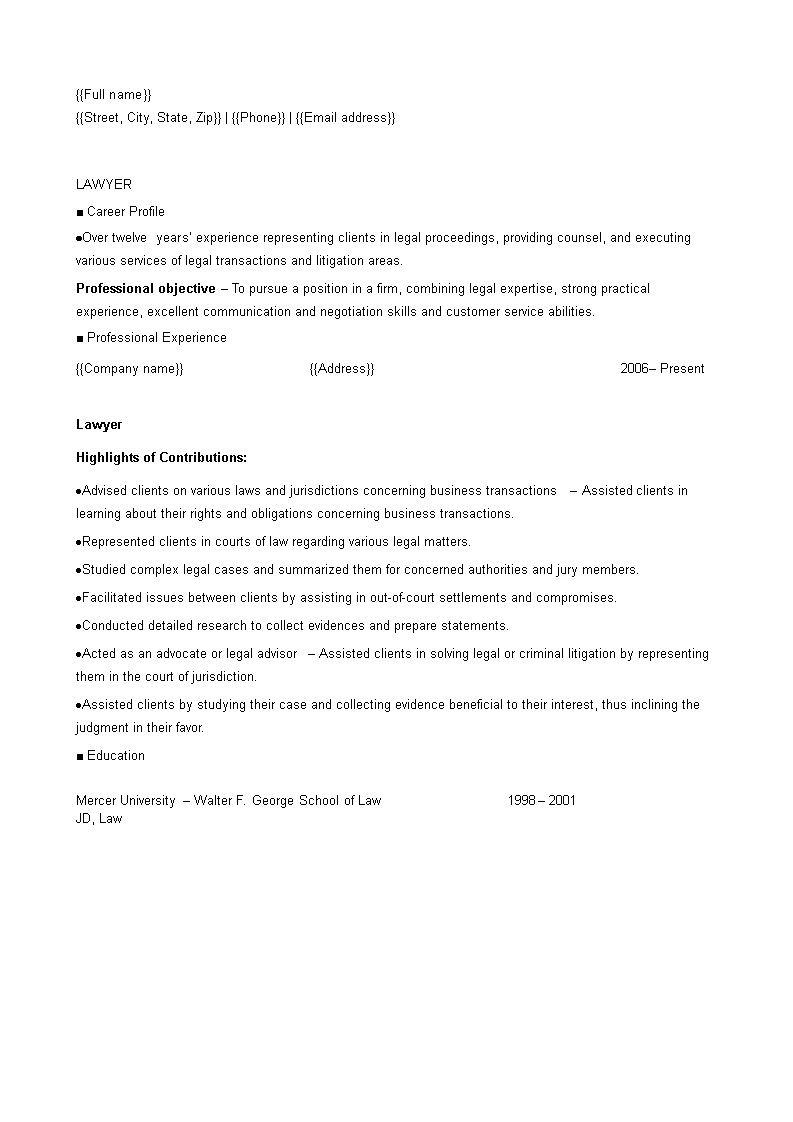 lawyer resume template