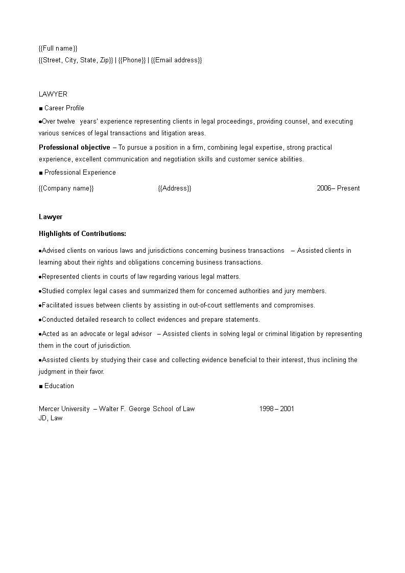 lawyer resume Main Image lawyer resume template