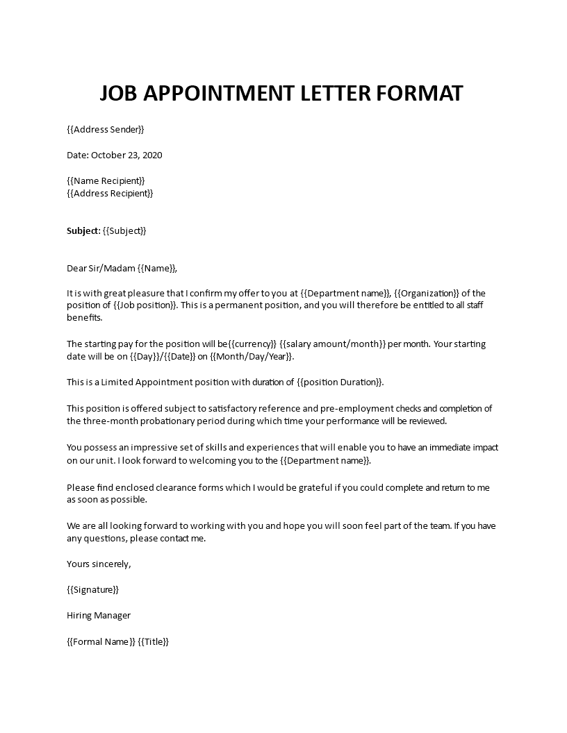 job appointment letter format template