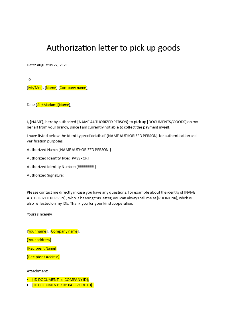 authorization letter to pick up goods template