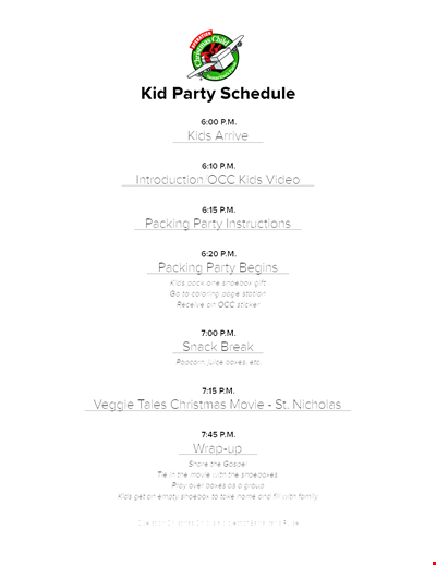 Kid's Party Schedule