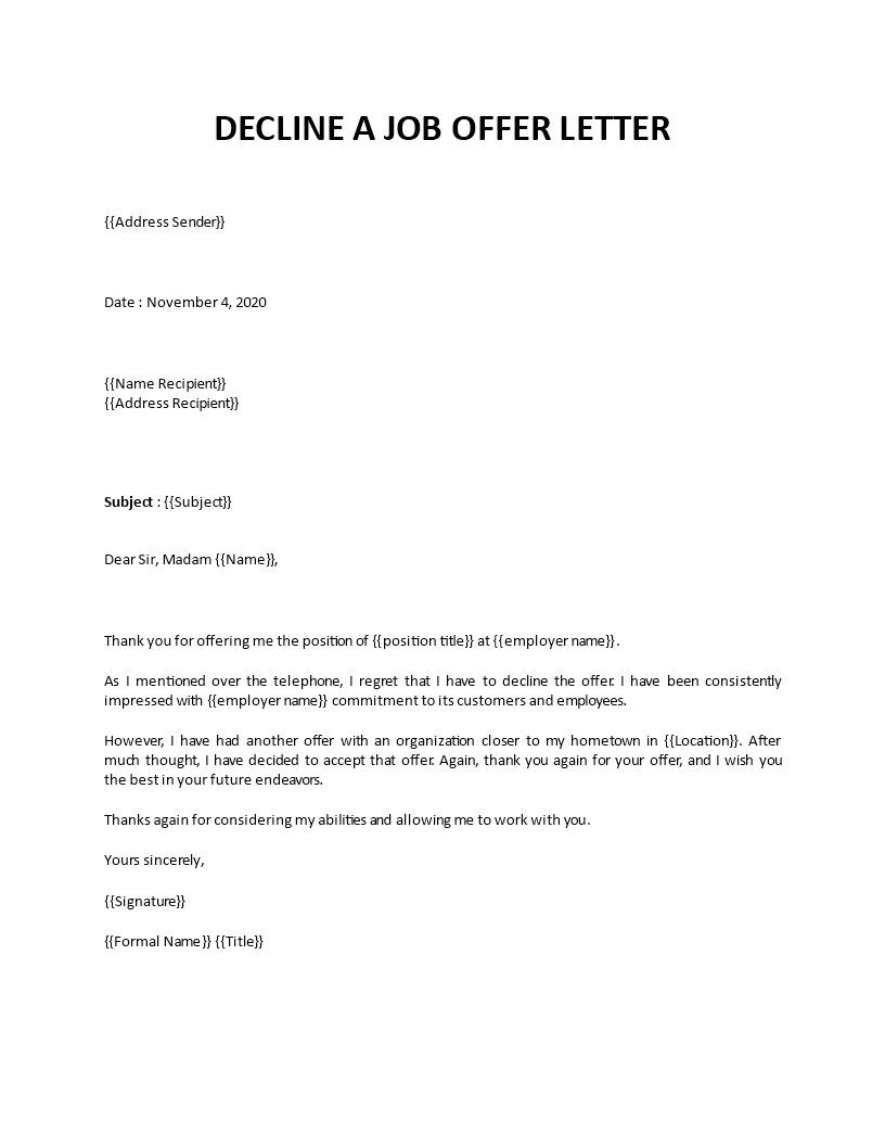 Decline job offer letter