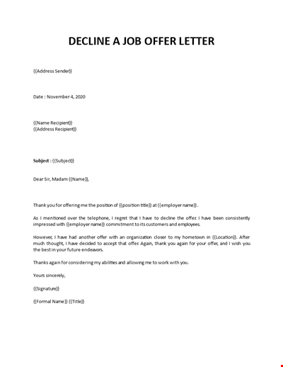 Decline job offer letter