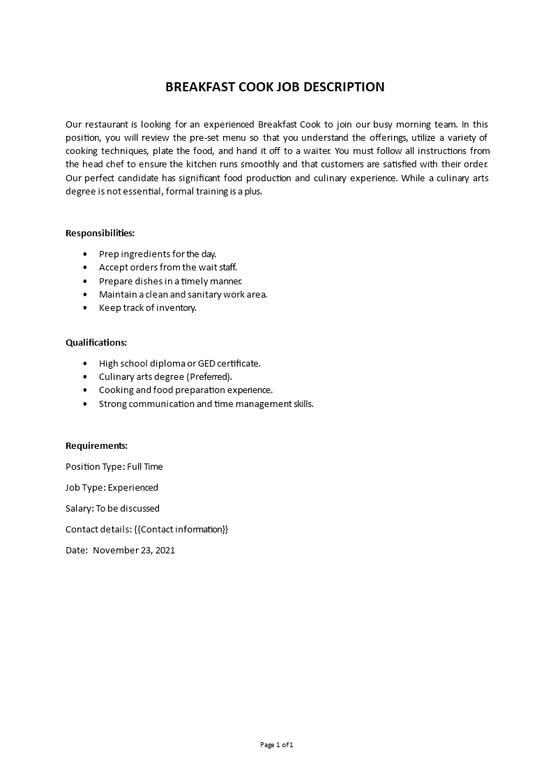 breakfast cook job description