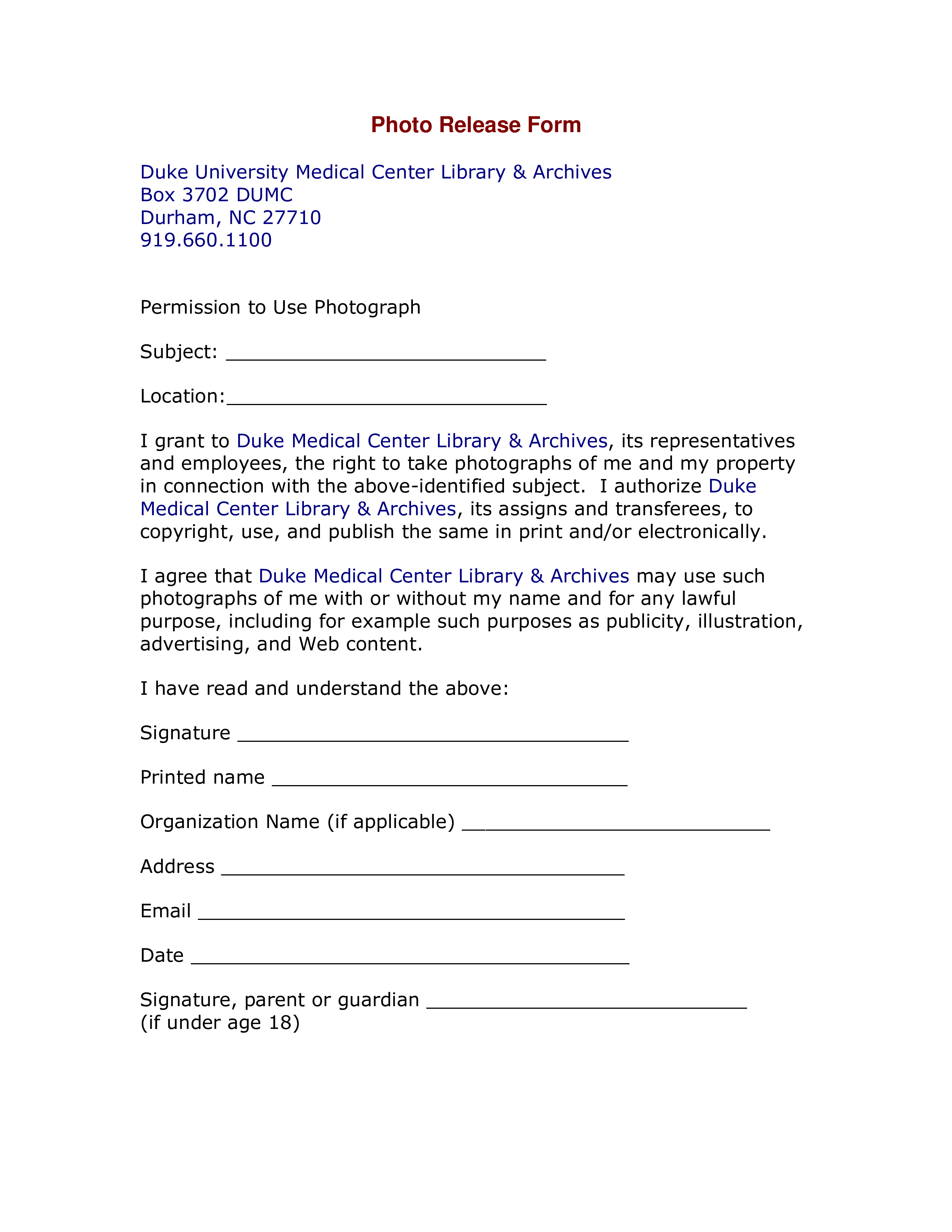 Photo Permission Release Form Template for Library Medical Center and Photo Permission Release Form Template for Library Medical Center and
