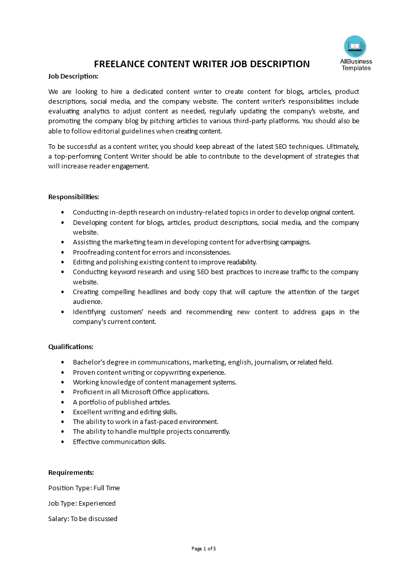 freelance content writer job description Main Image freelance content writer job description template