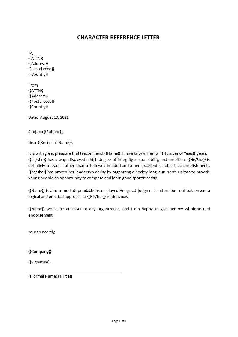 example character reference letter template