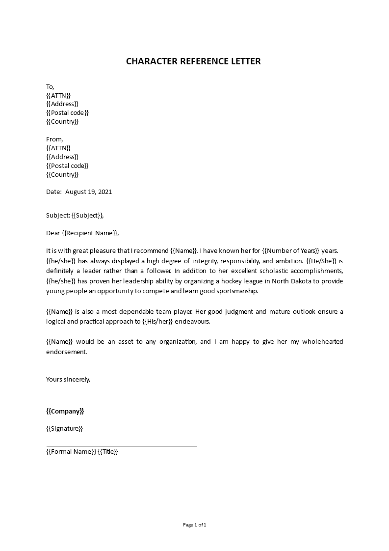 Example Character Reference Letter