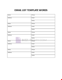 Email List Words Template