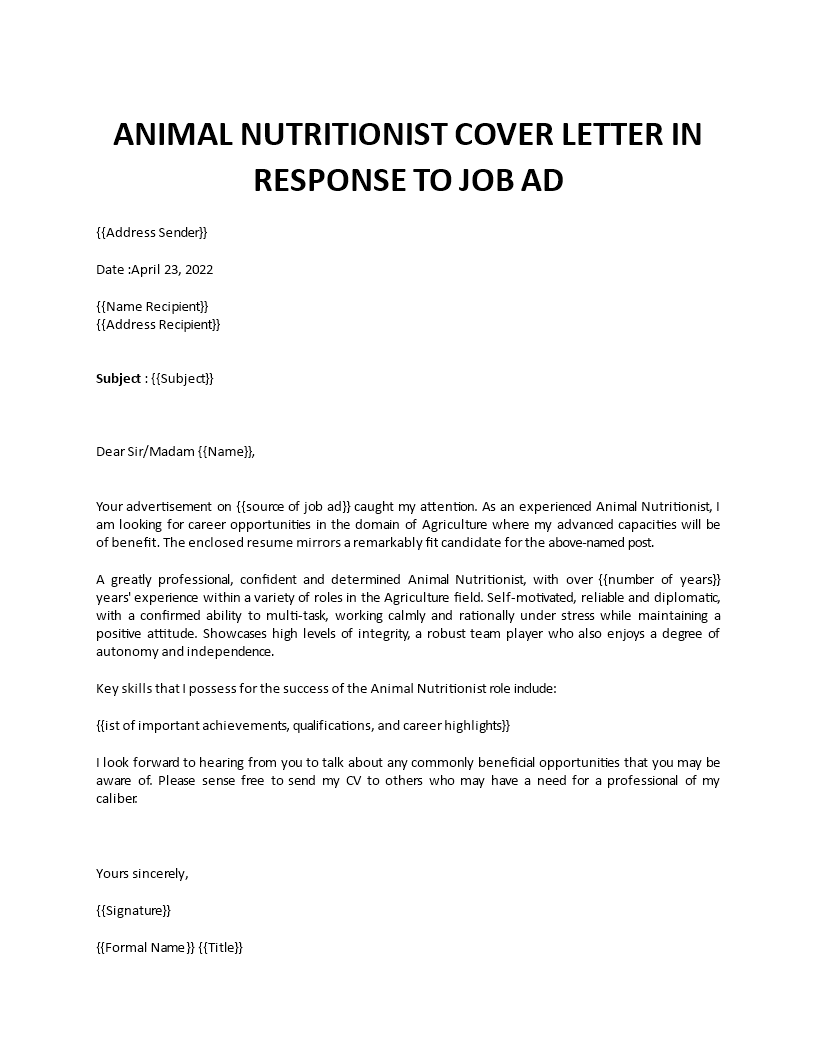 animal nutritionist application letter