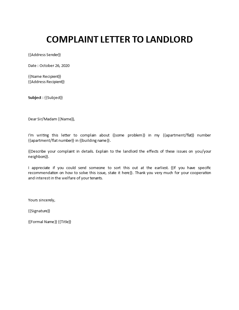 Sample complaint letter to landlord about neighbor