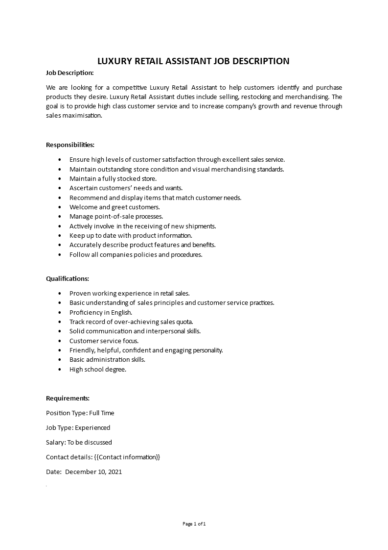 luxury retail assistant job description template