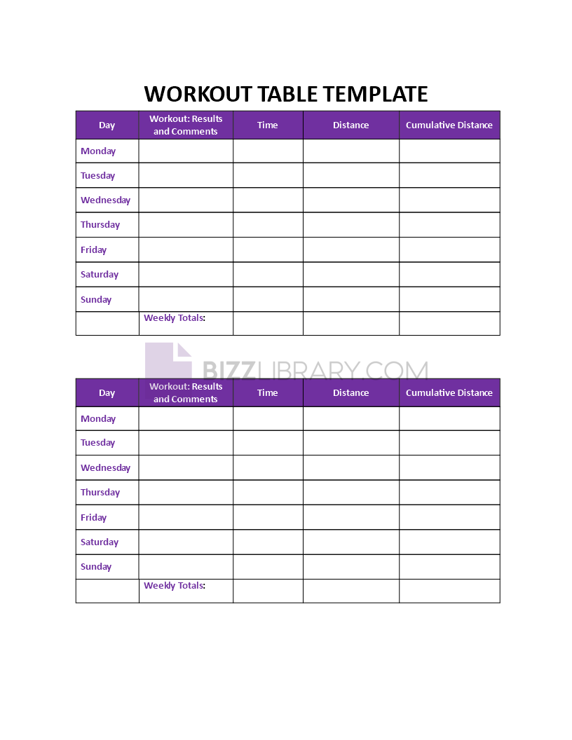 workout table template