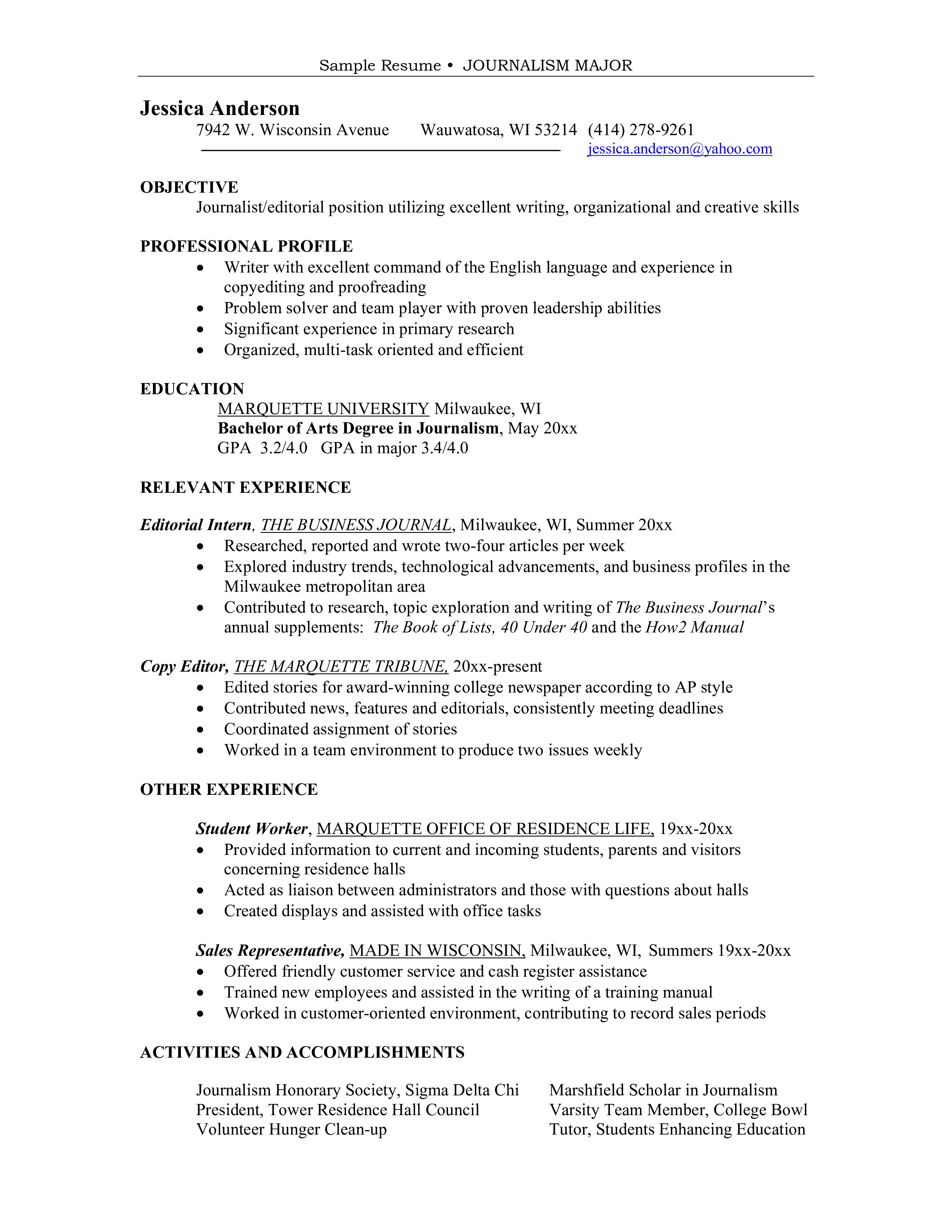 resume profile examples journalism