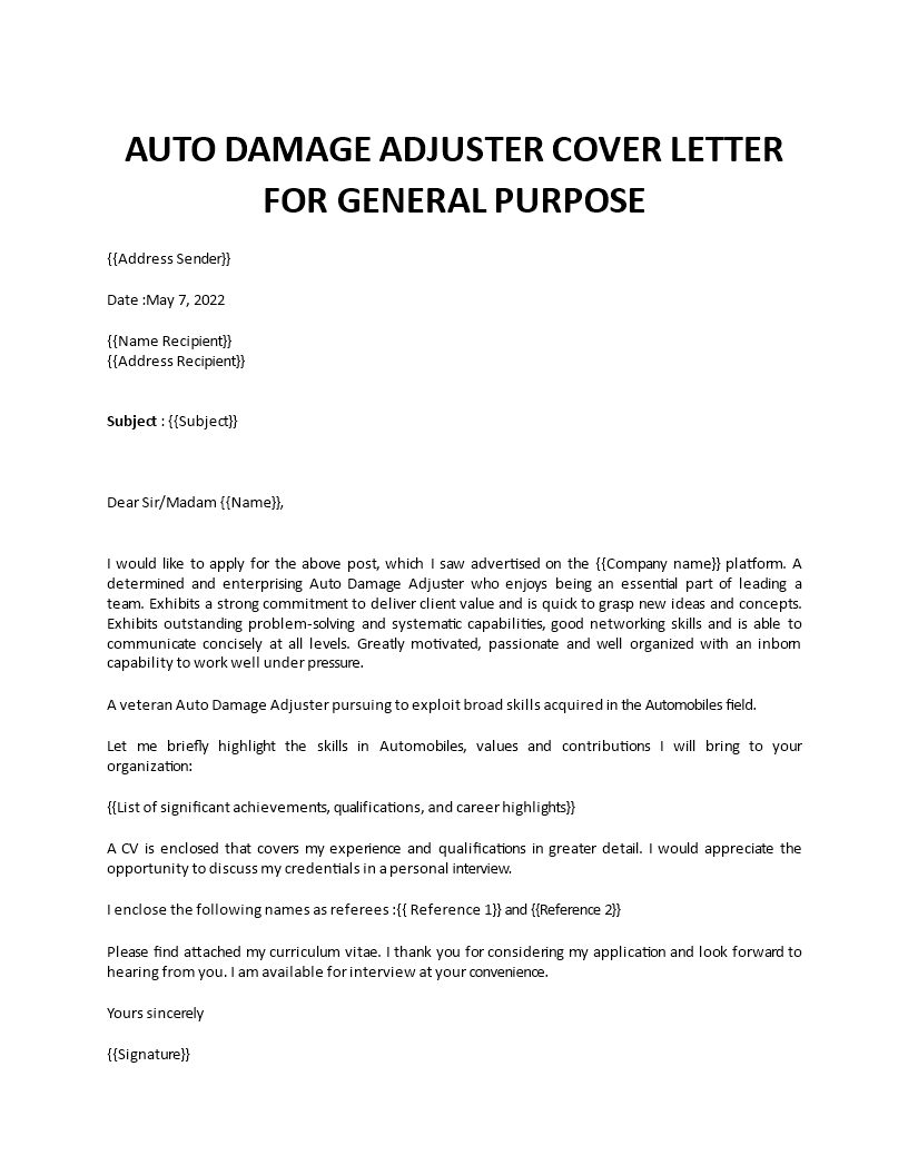 auto damage adjuster cover letter