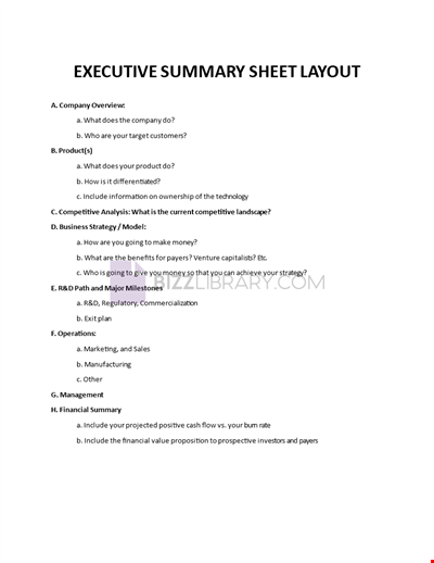 Executive Summary Sheet Layout