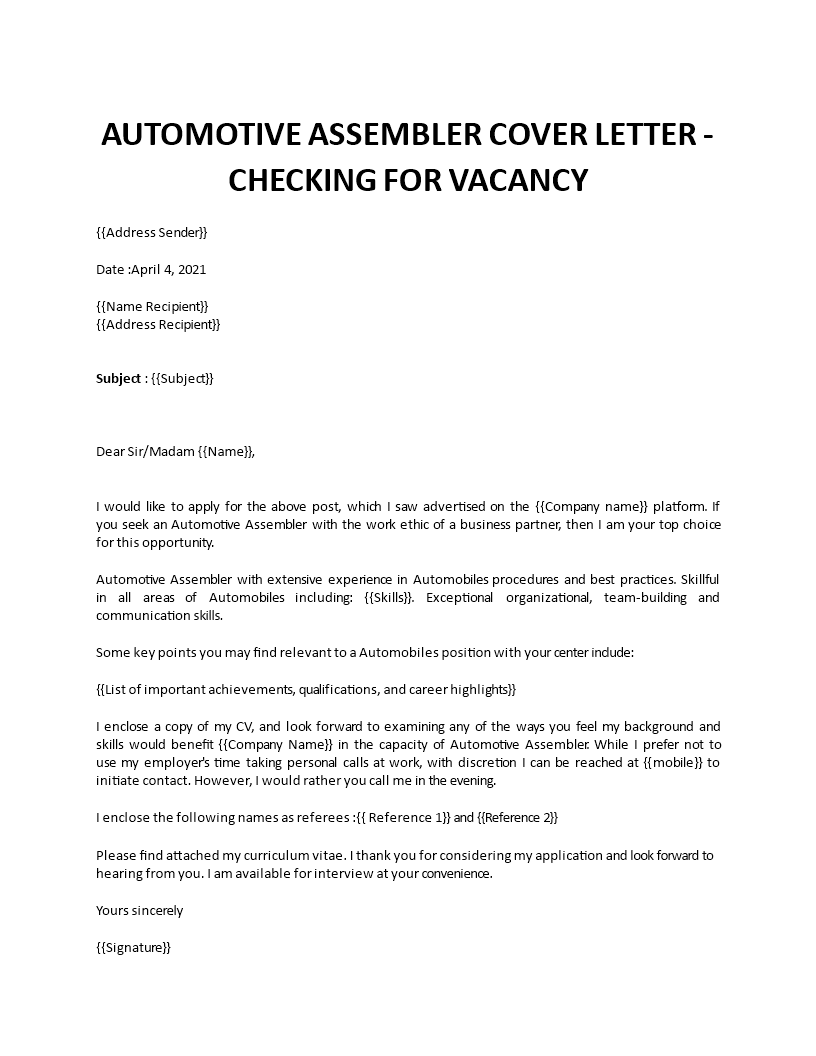 automotive assembler cover letter 