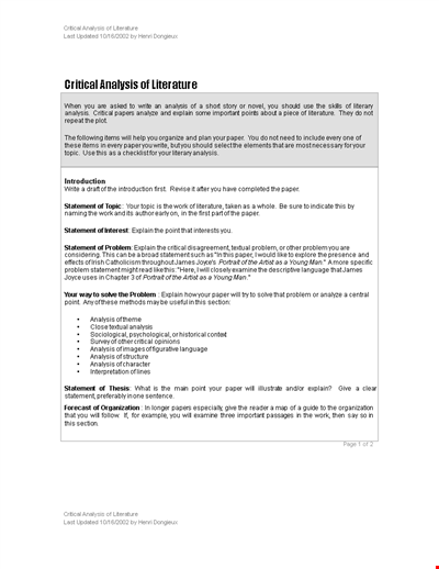 Critical Literary Analysis Template - Analyzing and Crafting a Strong Statement