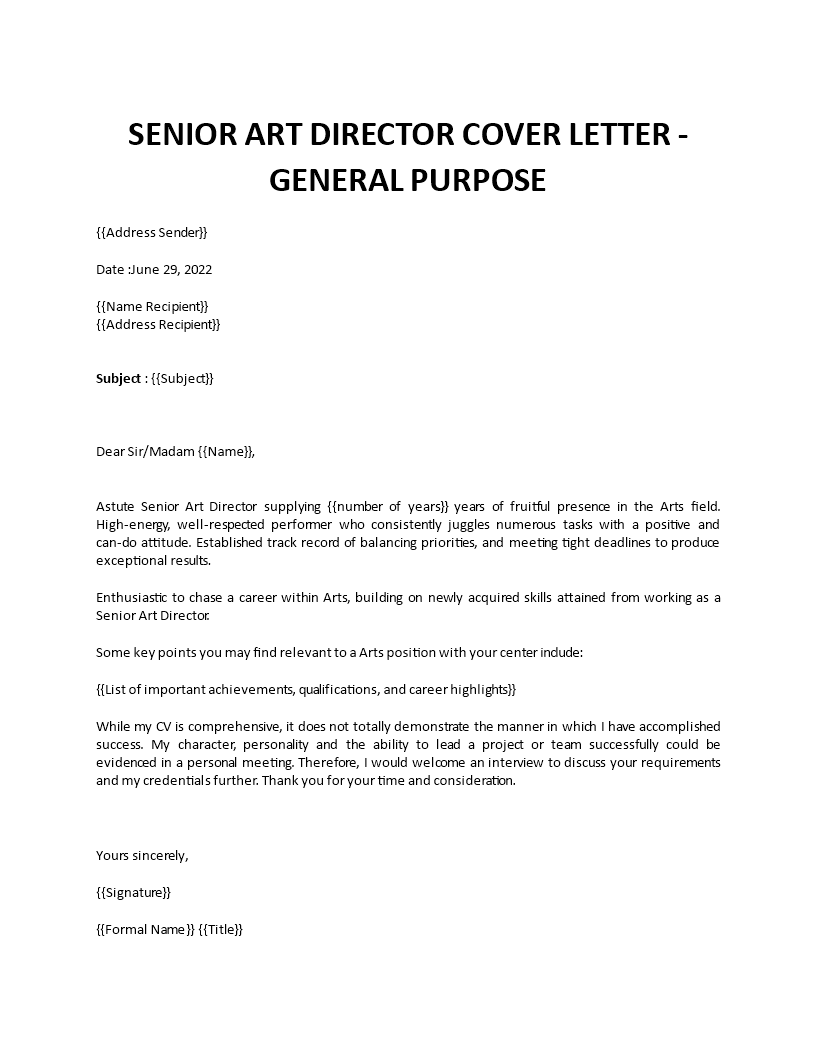 senior art director cover letter template