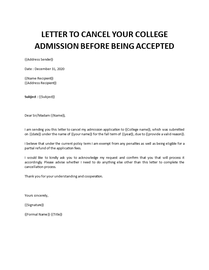 college admission cancel letter