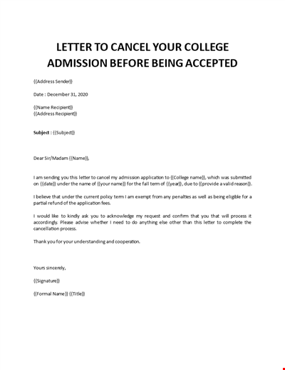 College Admission Cancellation Letter