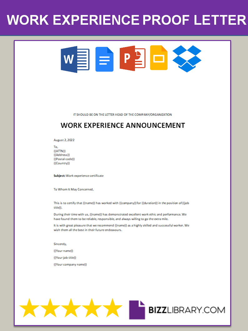 work experience proof letter template