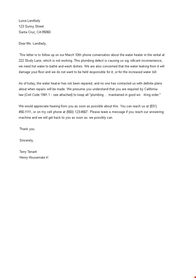 Repair Complaint Letter To Landlord Template
