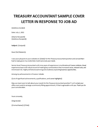 Treasury Accountant cover letter