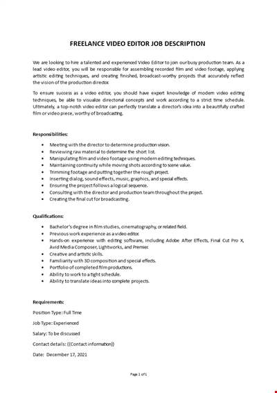 Freelance Video Editor Job Description