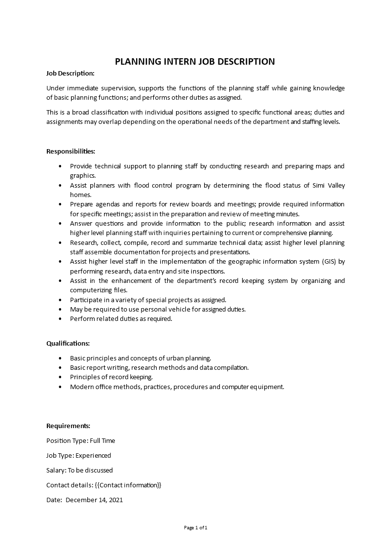 planning intern job description