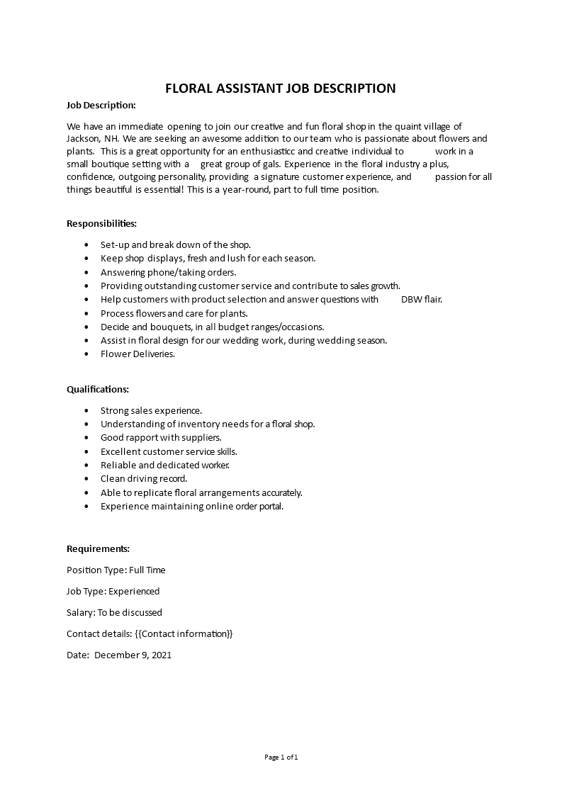 floral assistant job description Main Image floral assistant job description