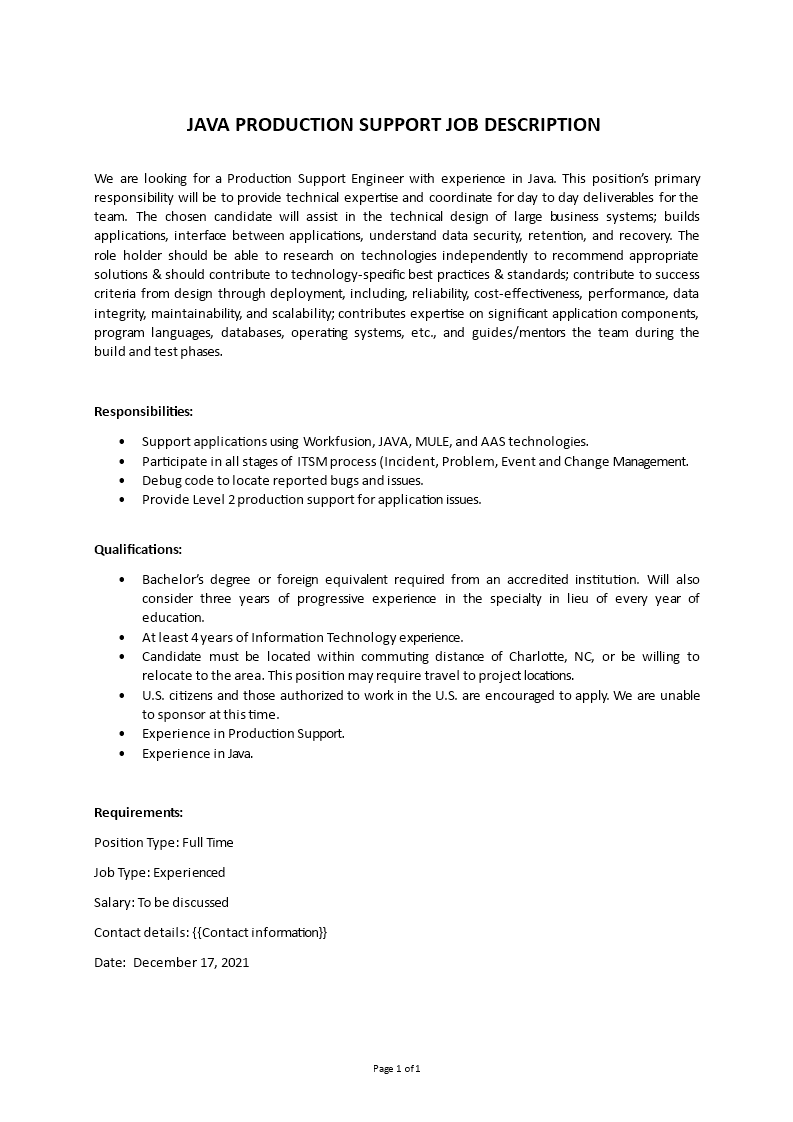java production support job description Main Image java production support job description template
