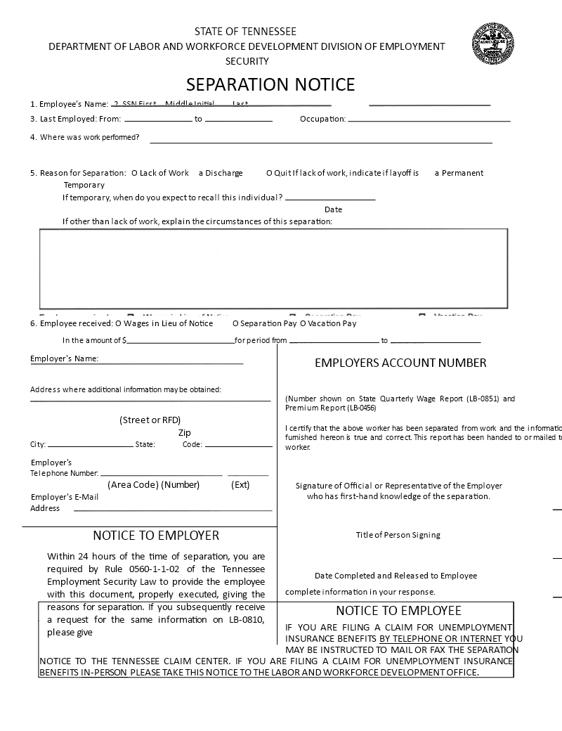 Printable Separation Notice
