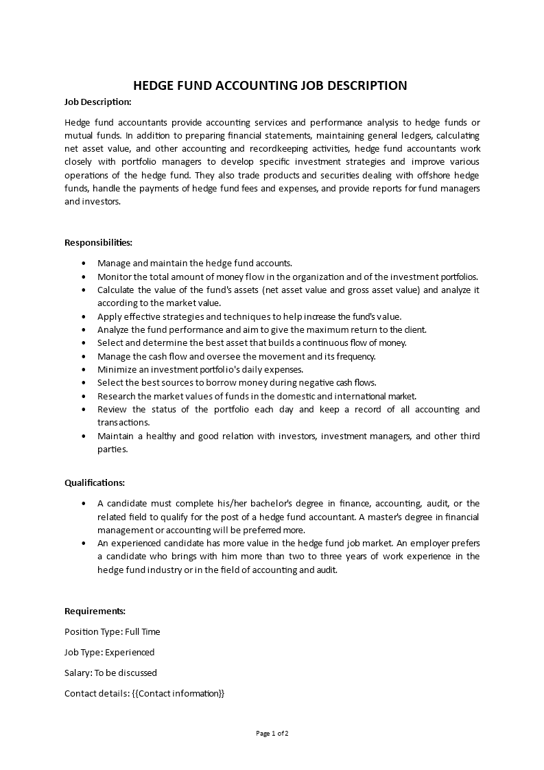 hedge fund accounting job description template