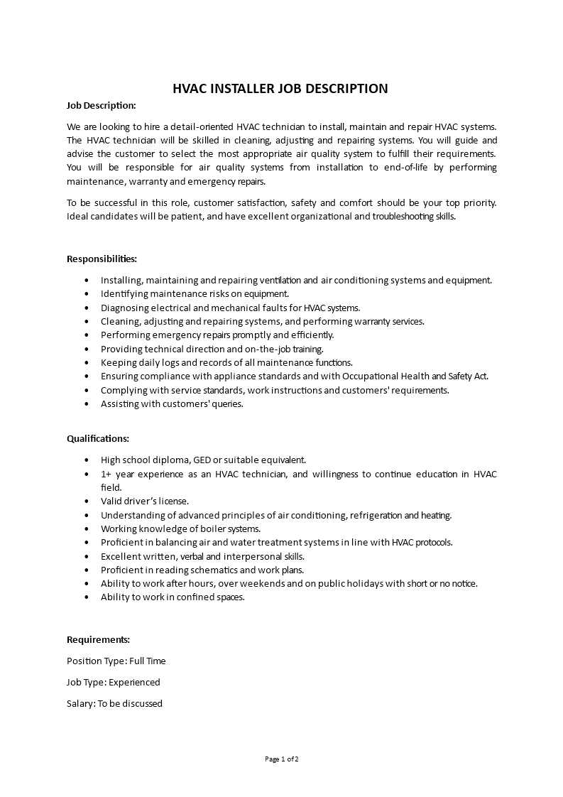 hvac-installer-job-description