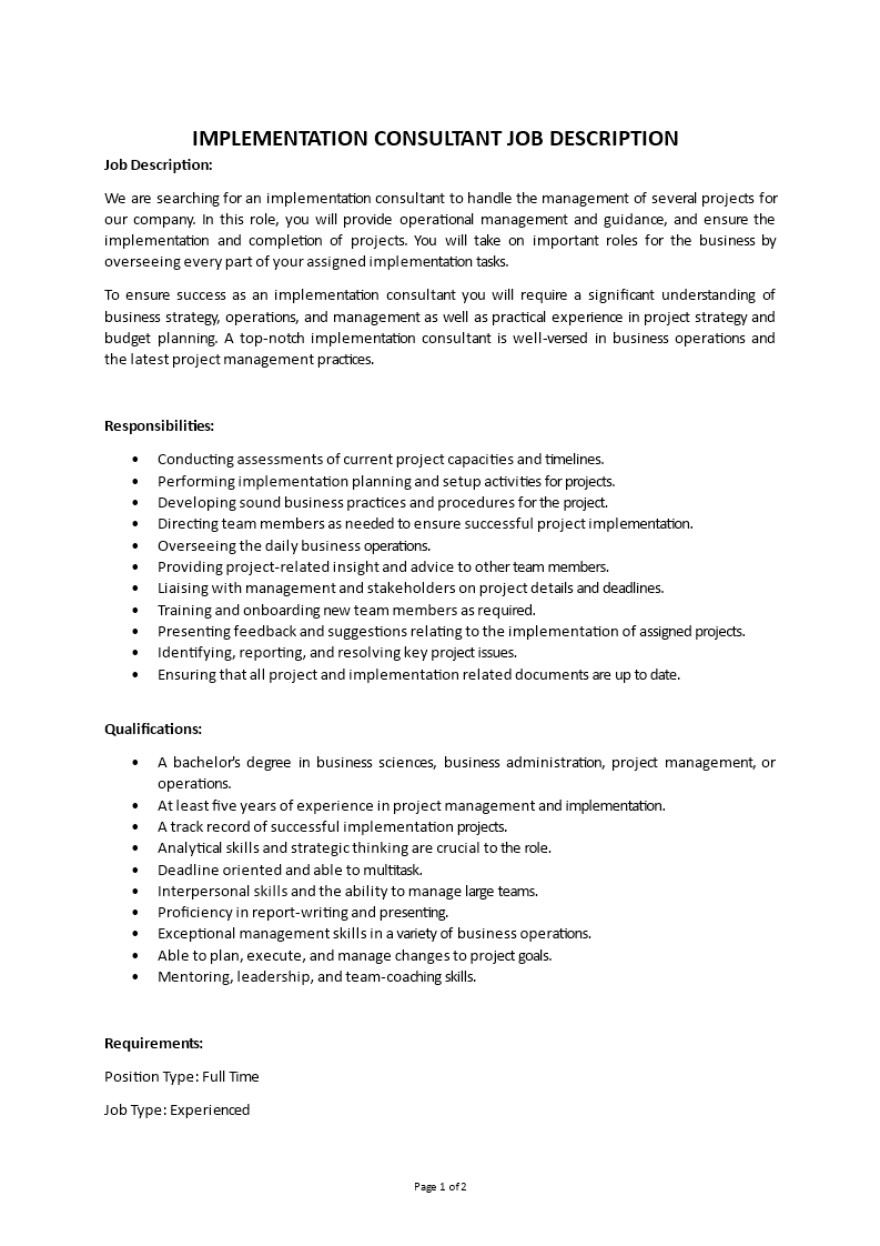 implementation consultant job description